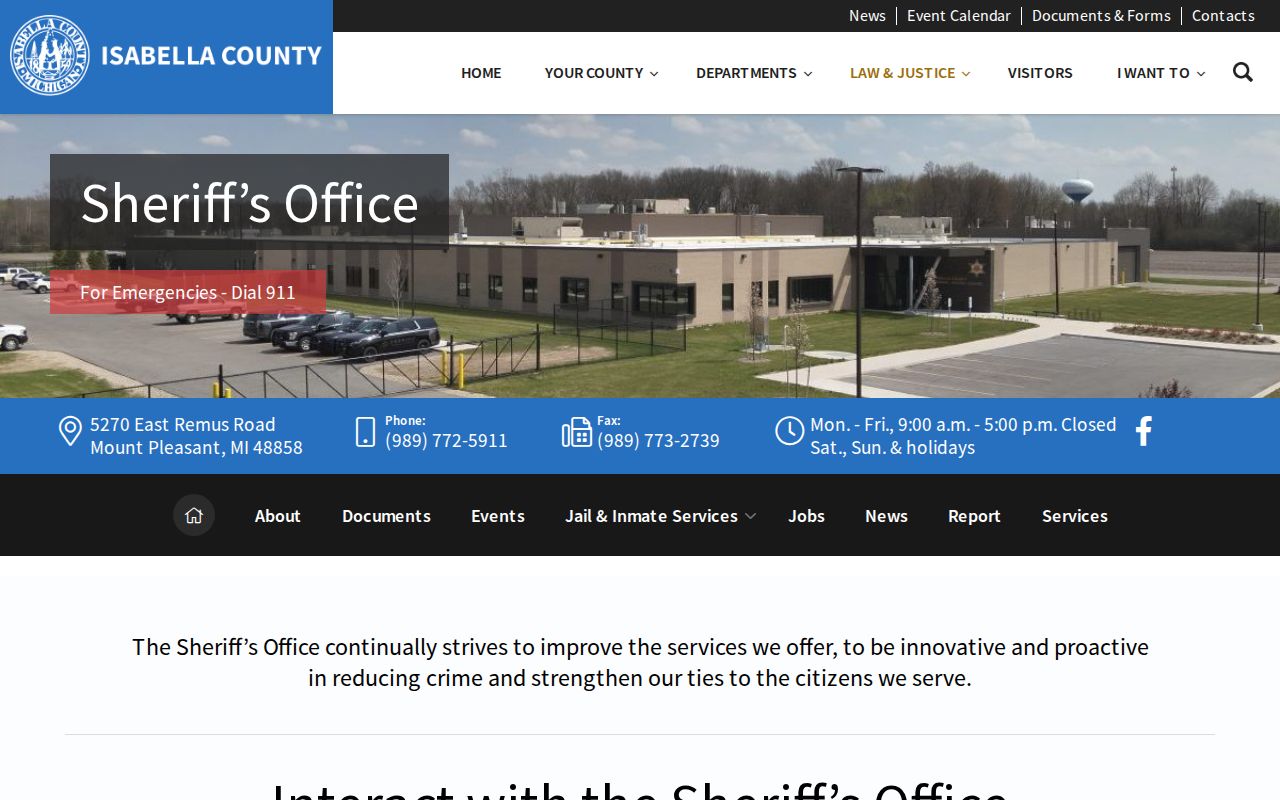 Isabella County warrant records: Sheriff's Office page listing the Remus Road address, phone number, and office hours