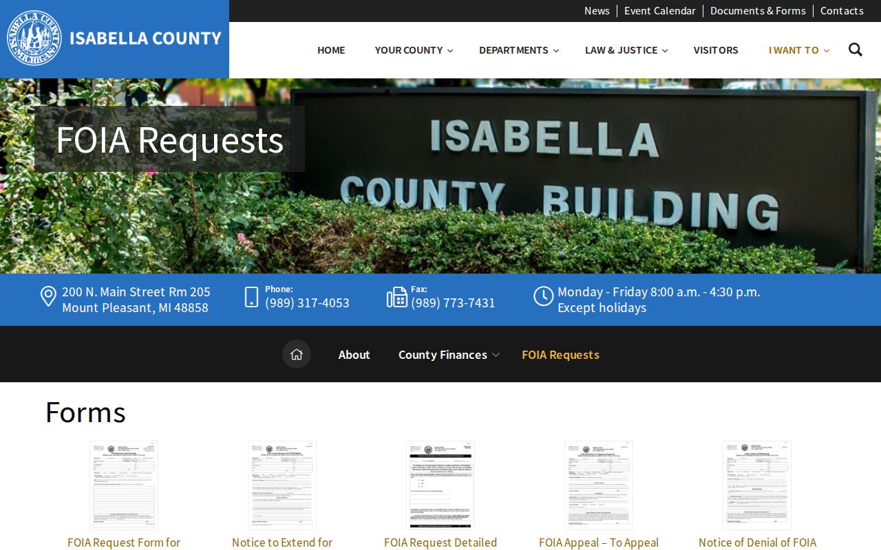 Isabella County city court warrant: county FOIA request page with submission and appeal links
