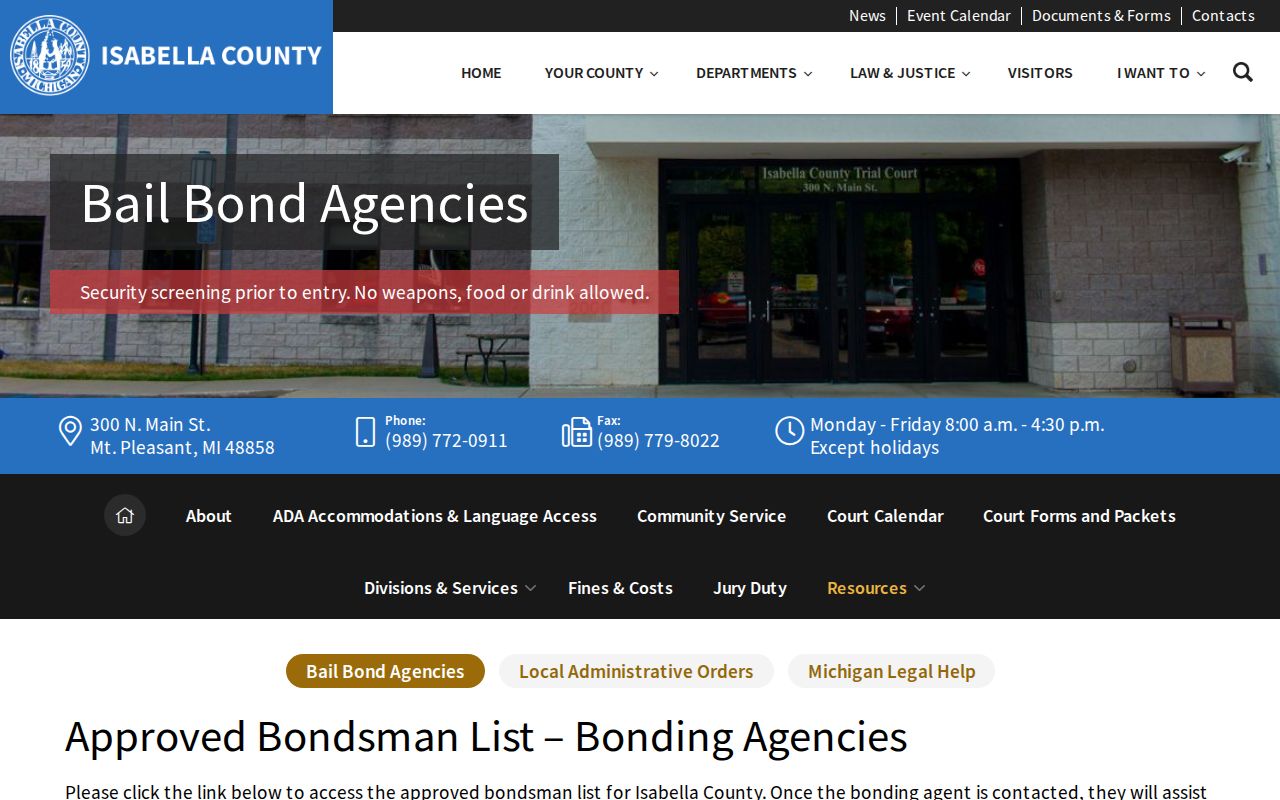 Isabella County arrest warrant lookup: approved bail bond agencies list published by the trial court