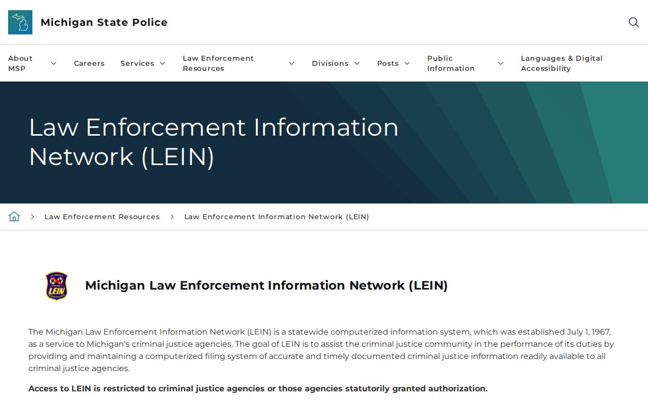Isabella County active warrant search: Michigan State Police LEIN page showing restricted access for criminal justice agencies