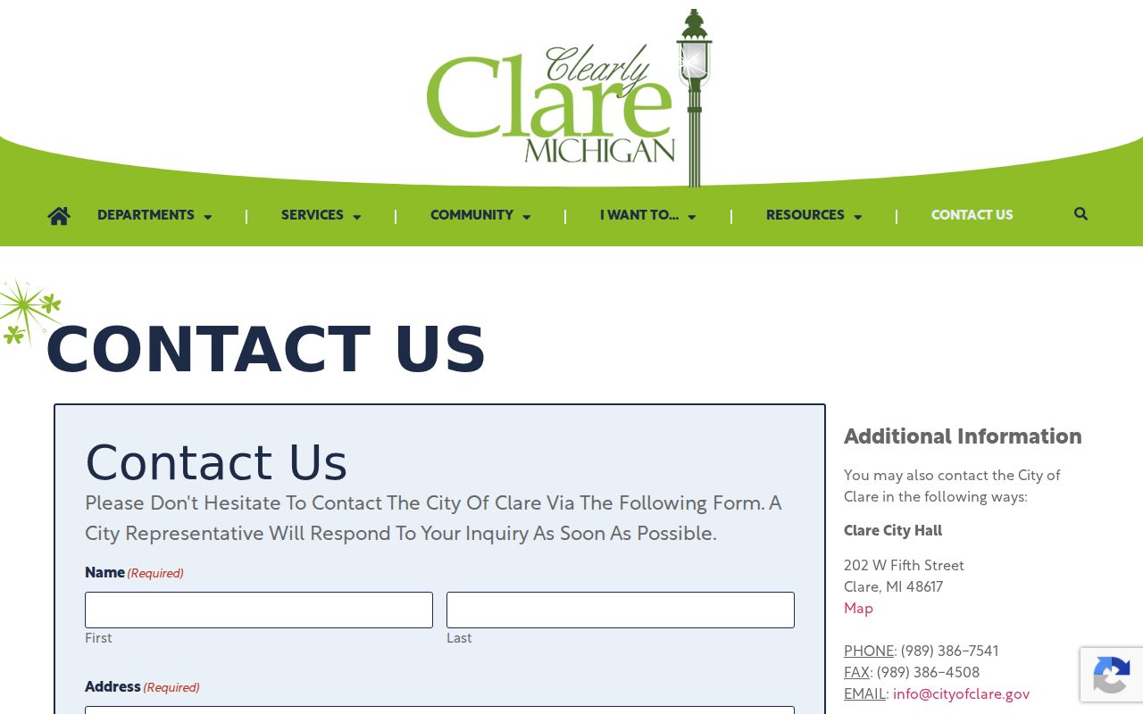 Clare warrant records: Clare City Hall contact page and municipal building