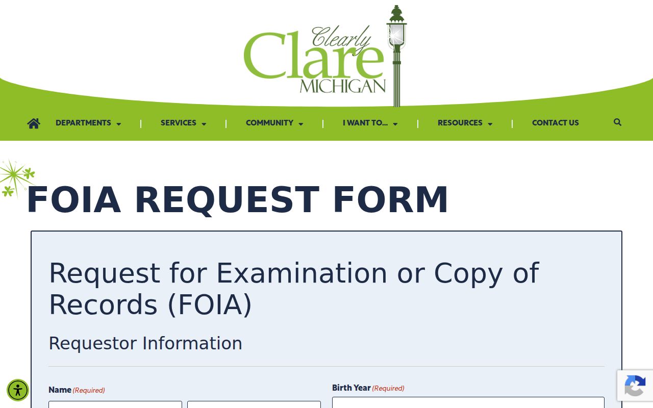 Clare warrant records: city online FOIA request form with incident and record detail fields