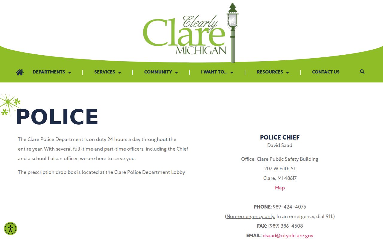 Clare warrant records: Clare Police Department page with contact details and coverage information
