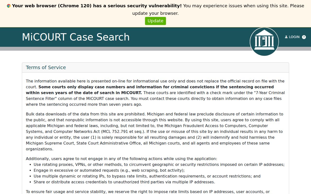 Isabella County warrant records: 76th District Court case search screen from the Michigan courts site