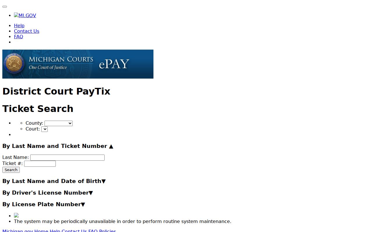 Isabella County warrant check: PayTix ticket search interface with county, court, and name fields